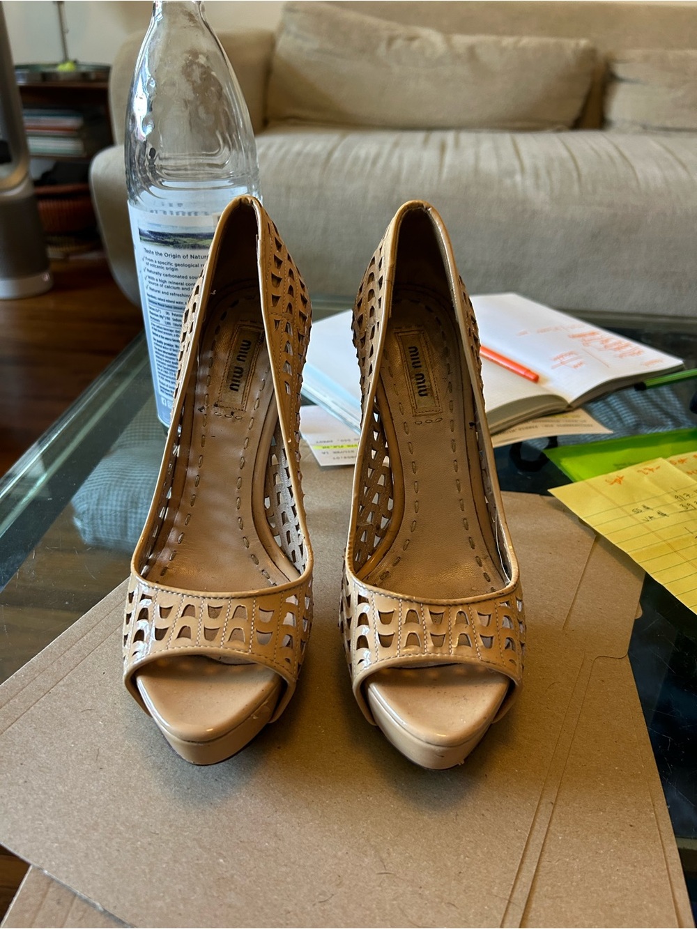 Miu Miu Tan Laser-Cut Peep-Toe Platform Heels